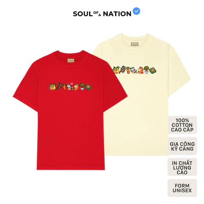 Áo thun unisex In hình TẾT CLUB phiên bản 2026 form basic 100% cotton SOUL OF A NATION - Đỏ / Kem nhạt / Hồng