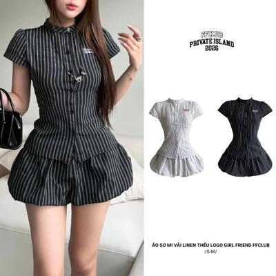Áo Sơ mi vải LINEN có chiết eo thêu logo GIRL FRIEND thoáng mát FFCLUB
