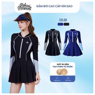Bộ bơi nữ một mảnh tay dài form váy có quần bảo hộ kín đáo, bảo vệ da chống nắng - tia UV - Đen Xám - BS1017_BL