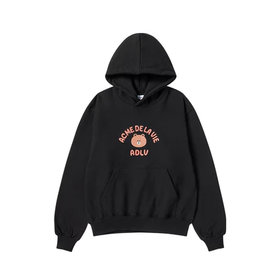 Áo Hoodie ADLV Bear Doll Hug Brown Line Friends dáng oversized màu Đen/Xám nhạt - Hàng chính hãng