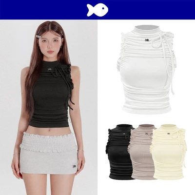 Áo ba lỗ nữ cổ cao họa tiết nhún bèo DKMV màu đen, trắng, vàng, nâu thiết kế thắt nơ nhún eo đáng yêu Kansai Top | K-T19