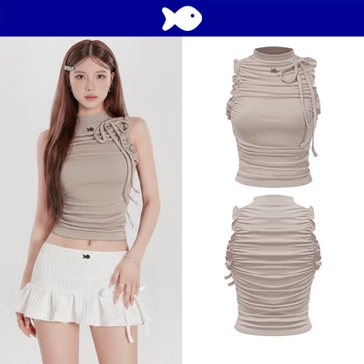 Áo thun cổ cao sát nách croptop nữ DKMV hoạ tiết nhún phối viền bèo cột nơ vai điệu đà màu nâu Kansai Top | K-T19-N