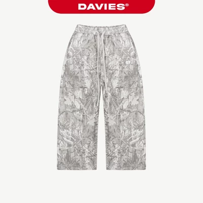 Quần nỉ bông nam nữ ống rộng DAVIES cạp chun có dây hoạ tiết lá rừng logo thêu nổi xám nhạt Commando Sweatpants | D-Q14