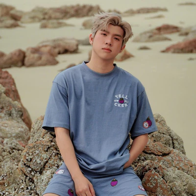 Bộ áo thun tay ngắn YELLOW FLICKER cotton mangosteen màu xanh xám unisex