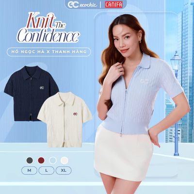 (LINK SALE) [ECOCHIC x CANIFA] Áo Len Crop Khoá Zip 2 Chiều Logo Ngực Chất Liệu Len Dệt Kim Cao Cấp Chính Hãng HNH EC01