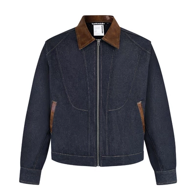 Áo Khoác Zip Raw Denim Phối Da Nâu - Ivankov Pattern Raw Denim Zip Up Jacket