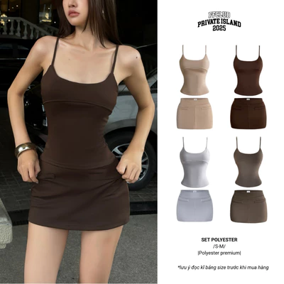 SET ÁO TANKTOP 2 DÂY THUN POLY CHIẾT EO KÈM CHÂN VÁY POLY FFCLUB MIX