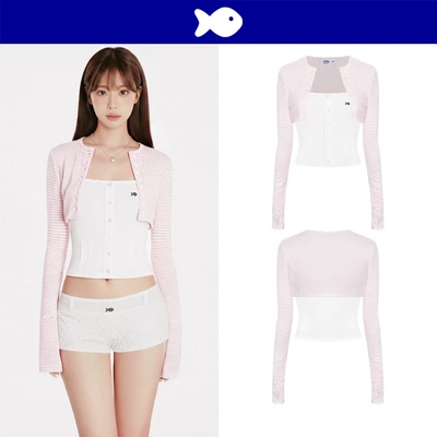 Set áo 2 dây và áo khoác croptop DKMV hoạ tiết sọc ngang ôm dáng đính logo cá màu hồng sọc trắng Felicite Top | K-T60-SH