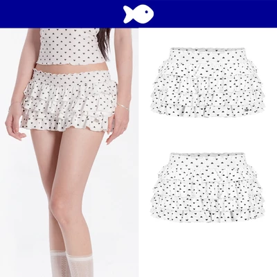 Chân váy xòe ngắn xếp tầng DKMV cạp thấp sẵn quần bảo hộ bên trong hoạ tiết chấm bi phối logo cá Sasha Set | K-SET22-V