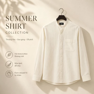Áo sơ mi nam ROWAY vải linen cotton thoáng mát, form regular | dài tay cổ trụ ver2