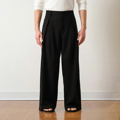 Quần Âu Nam B Brown Vải Âu Cao Cấp Ly Vát Chéo Cạp Chun Ống Rộng Phủ Giày - B Brown Double Pleated Trouser