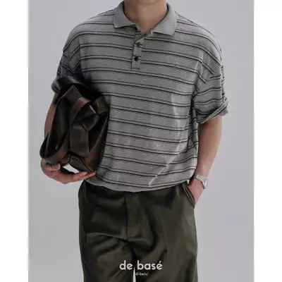 basé POLO 02 - Áo POLO Kẻ Xám, Tay Xắn Thêu Logo - de basé