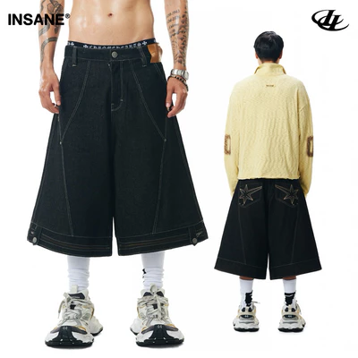 Quần Lửng InsaneClo SMOKE RAW DENIM JORTS Form Rộng Dài Qua Gối Unisex Chất Liệu Denim