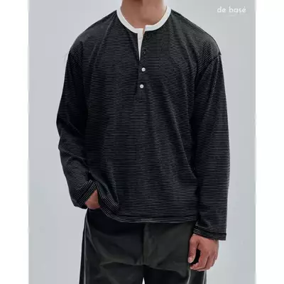 basé LONG SLEEVE 03 - Áo Phông Dài Tay Kẻ Đen Xám Viền Cổ Trắng -  de basé