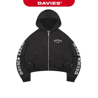 Áo khoác hoodie zip boxy nam nữ DAVIES nón to hình in chữ hiphop sắc nét đính nút bạc màu đen Legacy Hoodie Zip | D-HD8