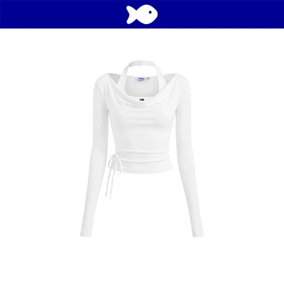 Set áo kiểu cổ đổ tay dài phối áo croptop trong DKMV thiết kế trơn kèm dây cột eo thắt nơ màu trắng Enid Top | K-T61-T