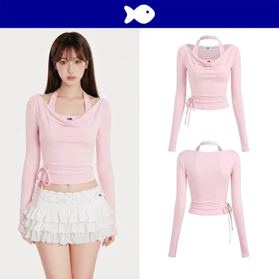 Áo cổ đổ tay dài kèm áo croptop bên trong DKMV hoạ tiết trơn basic có dây thắt eo cột nơ màu hồng Enid Top | K-T61-H