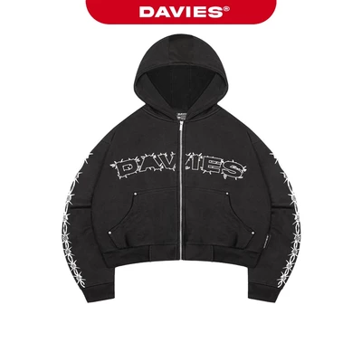 Áo khoác hoodie zip mũ to hiphop DAVIES hoạ tiết hình in gai góc đính nút bạc nỉ ép thun màu đen Barbed Silence | D-HD7