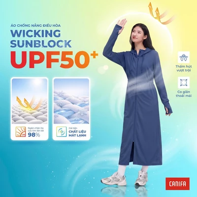 Áo chống nắng nữ dáng dài CANIFA thoáng khí thấm hút có mũ xẻ tà thắt eo chống UV 6OT26S004