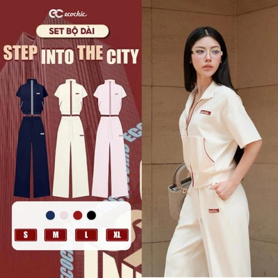 Set Bộ Dài ECOCHIC B230 Áo Crop Khóa Kéo Tay Phối Line Logo Thêu Quần Ống Suông Cao Cấp Chính Hãng