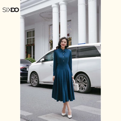 Đầm dáng xòe xếp lý dài tay cổ đức SIXDO (Mallard Green Woven Flared Dress)