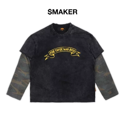 [SMAKER] Áo tay dài màu đen phối phần tay áo - "FOR THOSE WHO RICH" LAYERED LONG SLEEVE WASHED TEE