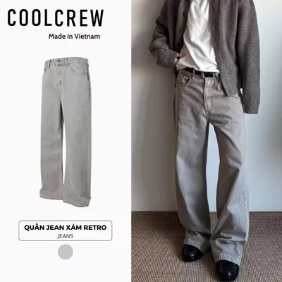 Quần Jeans Xám Retro 𝐂𝐎𝐎𝐋𝐂𝐑𝐄𝐖 Quần ống rộng Phong Cách Basic Nam Nữ QTD010
