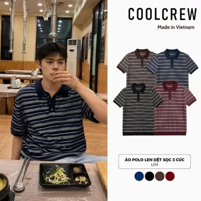 Áo Polo Len Dệt Kim Vintage 𝐂𝐎𝐎𝐋𝐂𝐑𝐄𝐖 Họa Tiết Kẻ Ngang Nhỏ Cổ Bẻ 3 Cúc Regular Fit Phong Cách Hàn Quốc ALH10 APN113