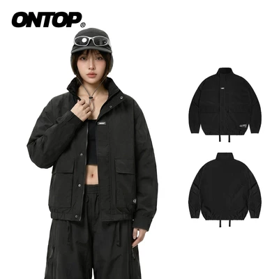 Áo khoác gió nhăn 2 lớp nam nữ ONTOP cổ trụ màu đen có túi trong Cargo Pocket Jacket | O-AK2