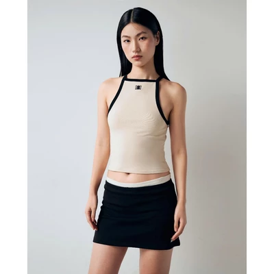 Eleven - Áo Cổ Vuông Viền Tương Phản Thêu Mono | Màu Be