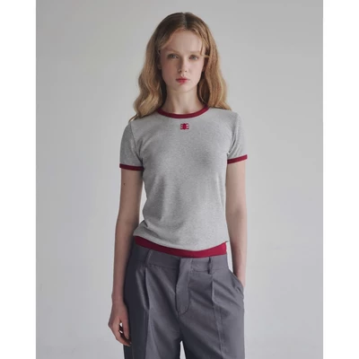 Eleven - Áo Thun Unisex Viền Tương Phản Thêu Mono | Màu Xám Viền Đỏ