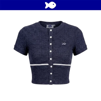 Áo croptop kiểu ôm dáng ngắn tay DKMV hàng nút cài đính ren trắng thun co giãn màu xanh Ora Set | K-SET23-T-XA