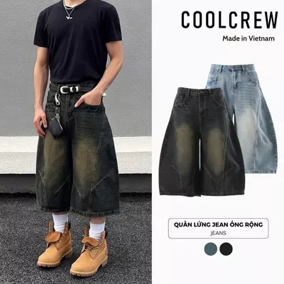 Quần Lửng Jean Ống Rộng 𝐂𝐎𝐎𝐋𝐂𝐑𝐄𝐖 Dáng Balloon Unisex Nam Nữ Phong Cách Streetwear Thời Trang Hàn Quốc QTL160