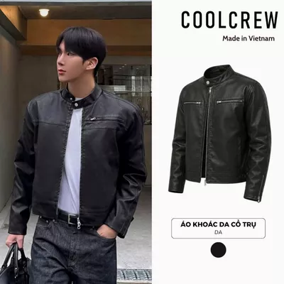 Áo Khoác Da Cổ Trụ 𝐂𝐎𝐎𝐋𝐂𝐑𝐄𝐖 Khóa Kéo Dáng Ngắn Unisex Nam Nữ Phong Cách Hàn Quốc AKD091