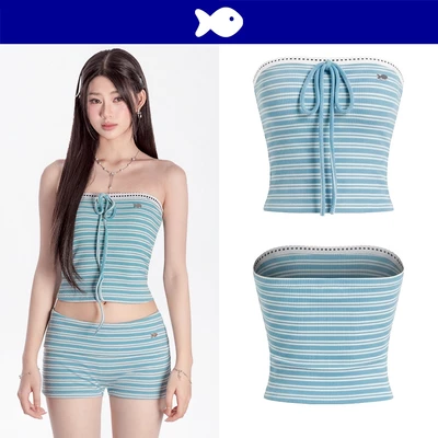 Áo ống nữ croptop thắt nơ điệu đà DKMV hoạ tiết sọc ngang đính logo inox thun len màu xanh trắng | K-SET24-T
