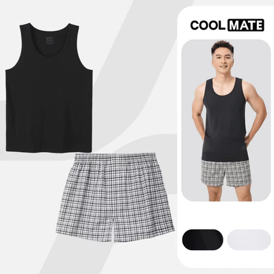 Set đồ nam mặc nhà Áo ba lỗ Excool và Quần short đùi kẻ sọc (màu ngẫu nhiên), đồ đi ngủ mềm mại, thoáng mát Coolmate