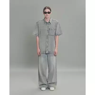 Eleven - Áo Sơ Mi Khoác Jeans Thêu Túi Mono | Màu Xanh Nhạt