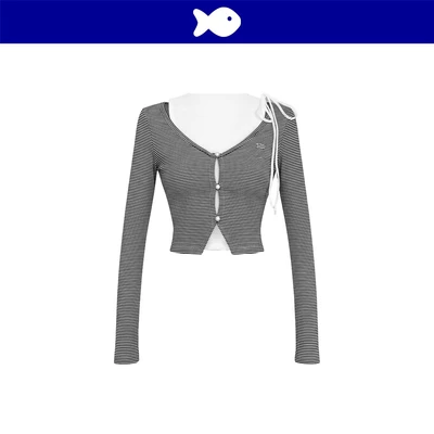 Set áo nữ dáng ba lỗ kèm áo khoác dài tay DKMV form croptop hoạ tiết sọc ngang đen trắng thắt nơ Joy Top | K-T25-SDT