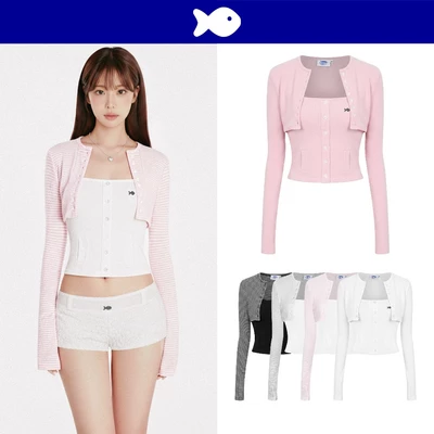 Set áo hai dây nữ kèm áo khoác tay dài DKMV croptop hoạ tiết kẻ ngang ôm dáng đính logo cá inox Felicite Top | K-T60