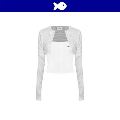 Áo hai dây kèm áo khoác ngoài croptop DKMV hoạ tiết sọc ngang xám trắng đính logo cá ôm dáng Felicite Top | K-T60-SX