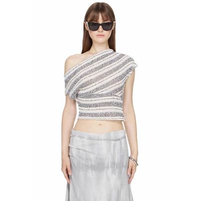 Áo Lệch Vai Kẻ Sọc Trắng Đen - BEUTER® WMNS ASYMMETRIC ONE-SHOULDER STRIPED TOP - BLACK