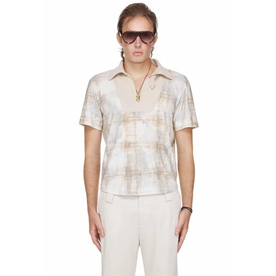 Áo Polo Nam Cổ Xẻ Hoạ Tiết Màu Be - BEUTER® SHAPED RELAXED FIT COLLARED SPLIT-NECK POLO - BEIGE
