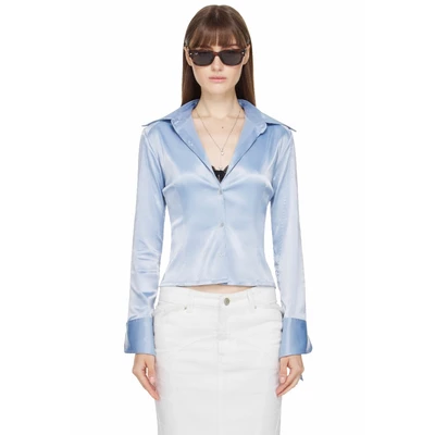 Áo Sơ Mi Lụa Satin Nữ Màu Xanh - BEUTER® WMNS SATIN SHIRT - ASH BLUE