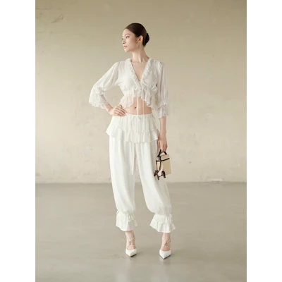 RUBIES Lerry Pants - Quần Dài Nữ Vải Tơ Lưng Thun Phối Bèo Tầng Dáng Bloomers