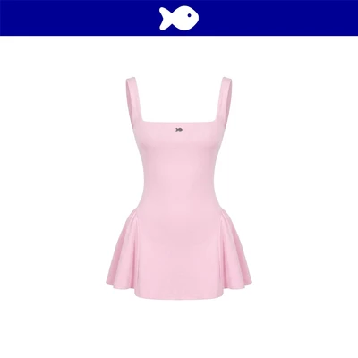 Đầm xòe 2 dây bản to cổ vuông DKMV màu hồng đính logo cá inox thun co giãn ôm dáng đáng yêu Caroline Dress | K-D42-H