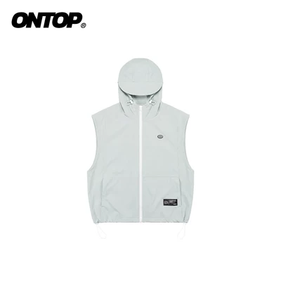 Áo khoác gile nữ vải dù nhăn hai lớp ONTOP màu xám có mũ Nylon Hooded Vest | O-AK1-X