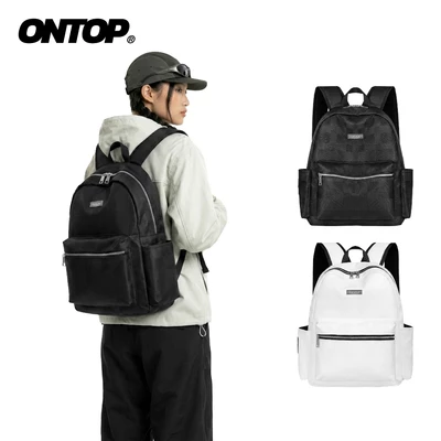Balo da trắng đen local brand ONTOP nhiều ngăn đựng vừa laptop 14.3inches Basic Leather Backpack with Plaid Print |O-P55