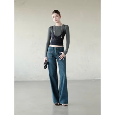 RUBIES Lido Jeans - Quần Dài Nữ Vải Jean Mềm Cạp Trễ Ống Suông Đứng