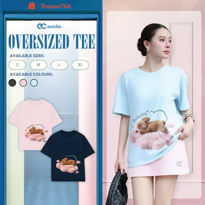 Áo Phông Oversize ECOCHIC B250 Hình Thỏ Bông Công Nghệ Digital Sắc Nét Form Rộng Chất Liệu Cotton Cao Cấp Chính Hãng
