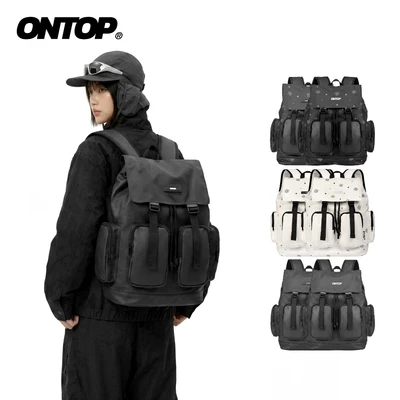 Balo local brand da nắp gập ONTOP chống nước, nhiều ngăn màu đen, kem đựng vừa laptop Level Backpack | O-P26 & O-P73